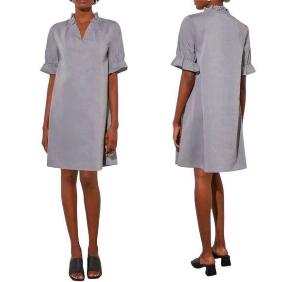 Ming Wang Cotton Shift Dress Size Small Ruffle Sleeve Gray V-Neck Poplin Unlined - Picture 12 of 12
